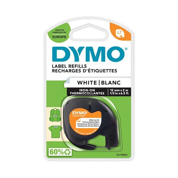 Trak Dymo LTAG 18769, 12 mm / 4 m (črno/bel), original