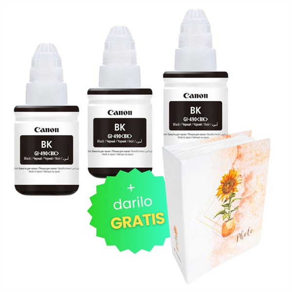 Komplet črnil za Canon GI-490 (0663C001AA) (G1400/2400/3400) (črna), original, 3 kosi + DARILO GRATIS