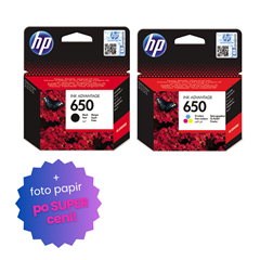 Komplet kartuš HP nr.650 (BK + CMY), original + foto papir Glossy InkJet po SUPER ceni