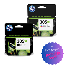 Komplet kartuš HP 3YM62AE nr.305XL (črna + barvna), original + foto papir Glossy InkJet po SUPER ceni