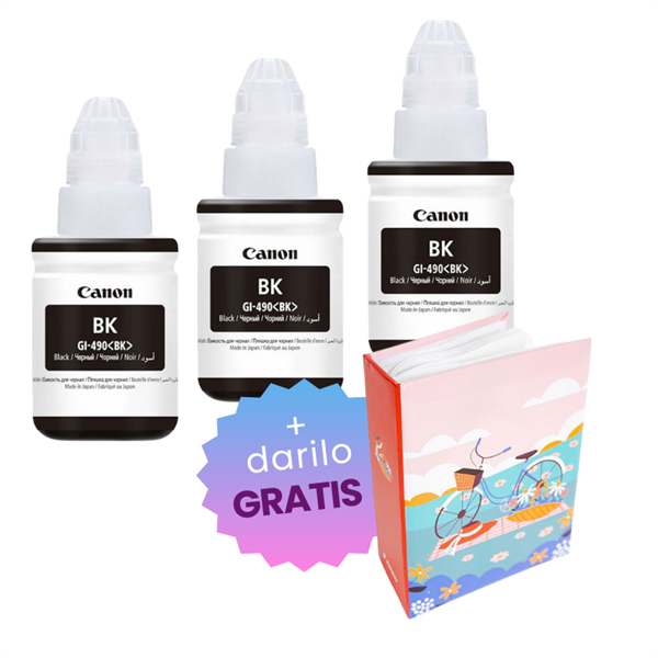 Komplet črnil za Canon GI-490 (0663C001AA) (G1400/2400/3400) (črna), original, 3 kosi + DARILO GRATIS